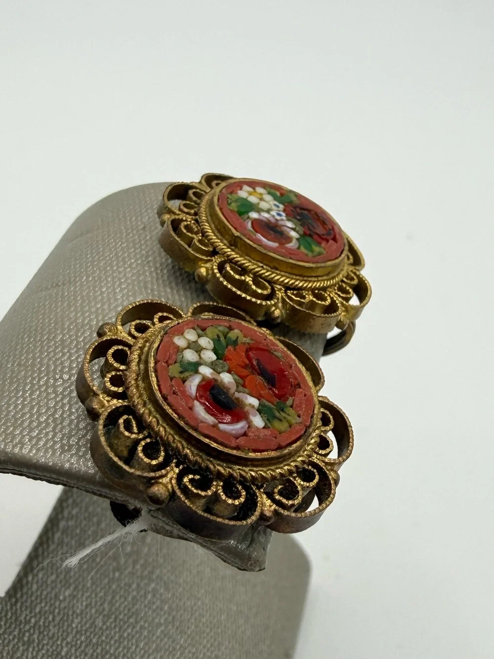 Vintage FAP Italian Micro Mosaic Floral Screwback Earrings Ornate Filigree